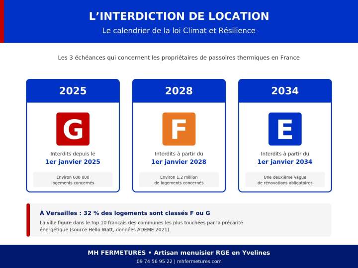 Calendrier interdiction location passoires thermiques France : échéances 2025 2028 2034 classes G F E
