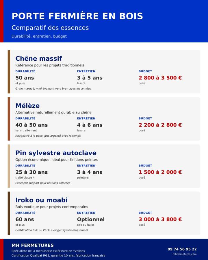 Comparatif essences bois porte fermière chêne mélèze pin iroko durabilité entretien prix MH Fermetures Yvelines