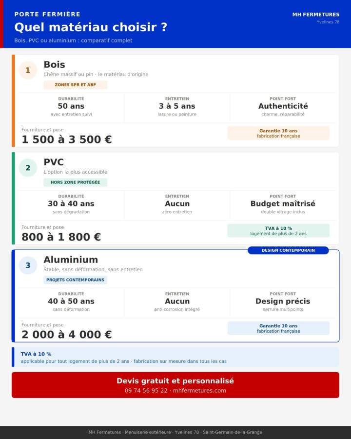 Comparatif matériaux porte fermière bois PVC aluminium prix durabilité entretien - MH Fermetures Yvelines 78