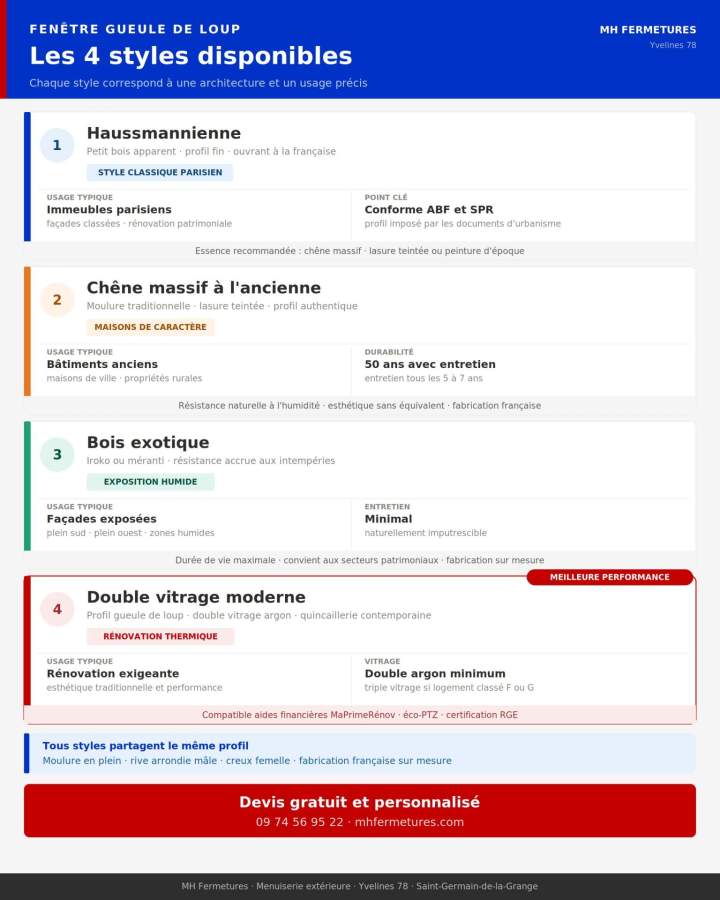 Comparatif 4 styles fenêtre gueule de loup haussmannienne chêne bois exotique double vitrage - MH Fermetures Yvelines 78
