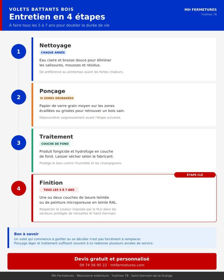 Guide entretien volets battants bois 4 étapes nettoyage ponçage traitement finition - MH Fermetures Yvelines 78