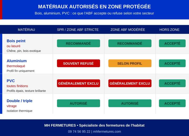 Tableau des matériaux de fenêtres autorisés selon le type de zone patrimoniale : bois recommandé partout, aluminium selon profil, PVC exclu en SPR et zone ABF