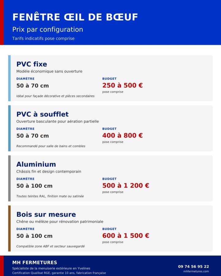 Tableau prix fenêtre œil de bœuf par configuration PVC fixe à soufflet aluminium et bois sur mesure pose comprise