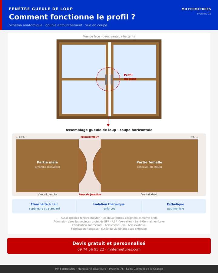 Schéma profil fenêtre gueule de loup double enfourchement partie mâle femelle coupe horizontale - MH Fermetures Yvelines 78