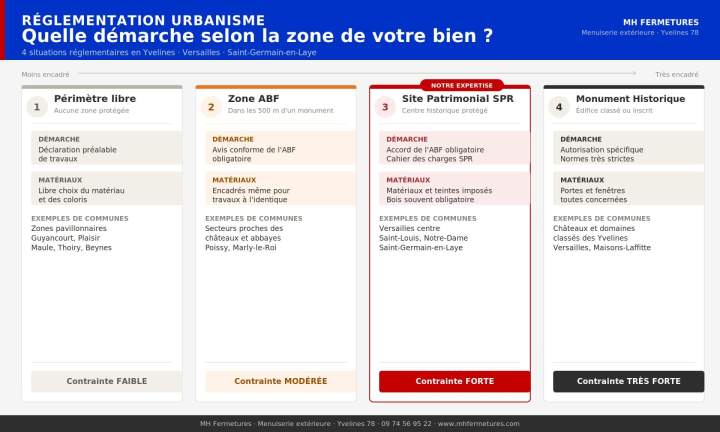 Réglementation fenêtres maison ancienne Versailles Saint-Germain-en-Laye - zones SPR ABF Monument Historique Yvelines - MH Fermetures
